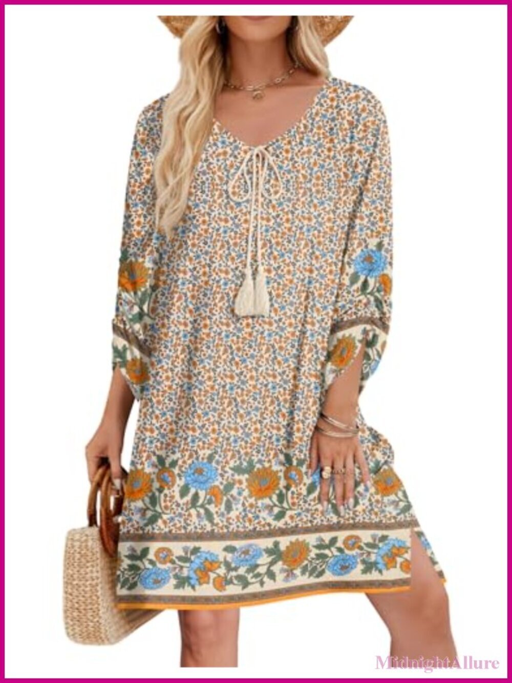 Rayon Boho Tassel Tie Neck 3/4 Sleeve Mini Sundress Floral Print Cover Up